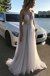Beach Lace Wedding Dress A-Line Spaghetti Straps Bridal Gown
